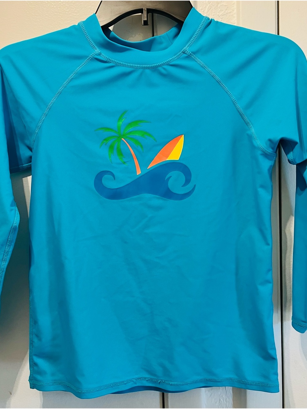 Kids Blue Long-Sleeve Rash Guard Swim Shirt with Surf Graphic - Size Boys 9/10